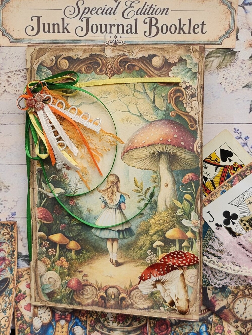 Handmade Jumk Joutnal Booklet "ALICE" Traditional 40pg + Ephemera LG 8.5"X5.5"